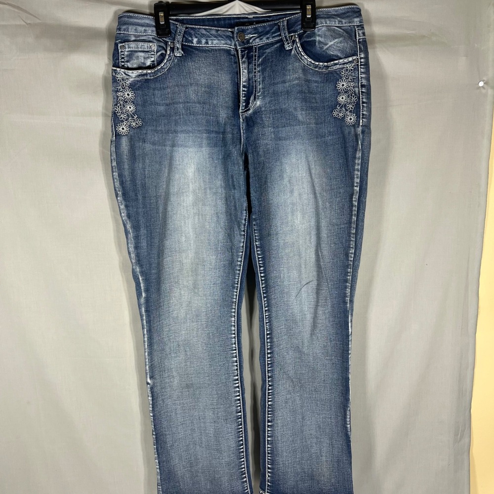 Earl Jean Slim Boot Floral Embroidered Blue Denim Womens Size 14